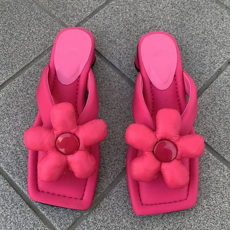 画像3: Down flowerdrag thick heels sandal slippers　ローヒールダウンフラワー付きトングサンダルスリッパ    (3)