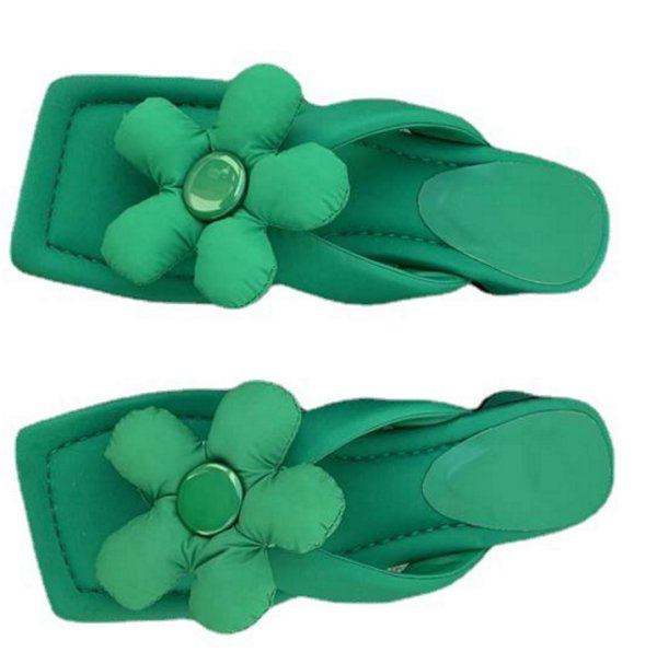 画像1: Down flowerdrag thick heels sandal slippers　ローヒールダウンフラワー付きトングサンダルスリッパ    (1)