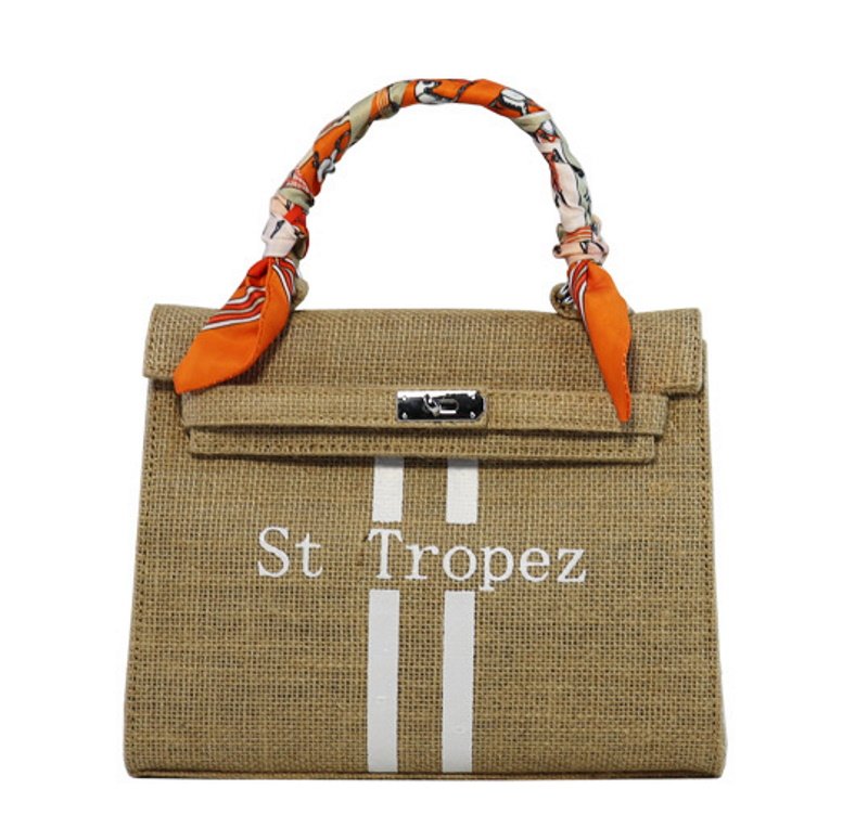 画像2: linen casual belt cover buckle silk scarf Kelly jute tote shoulder bag リネンロゴ入り トートショルダーバッグ (2)