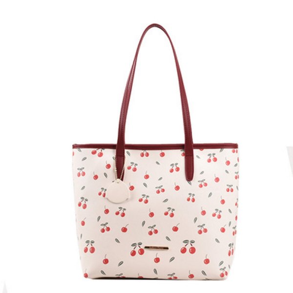 画像1: large-capacity cherry shoulder tote bag　チェリーショルダートートママバッグ ショッピングバッグ (1)