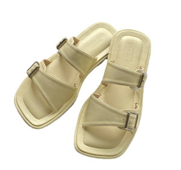 画像1: flat-bottomed belt buckle one-word slippers　フラットベルトバックルサンダルスリッパ    (1)