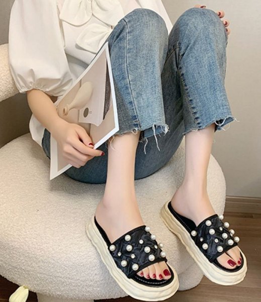 画像5: Platform with pearl slippers sandals 　パール＆ビジュー付きプラットフォーム厚底サンダルスリッパ    (5)