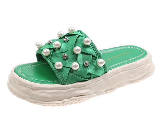 画像1: Platform with pearl slippers sandals 　パール＆ビジュー付きプラットフォーム厚底サンダルスリッパ    (1)