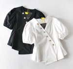 画像4: Women'sV-neck Western-style top French temperament light familiar style short shirt　 Vネック ウエスタンスパフスリーブ半袖ブラウス (4)
