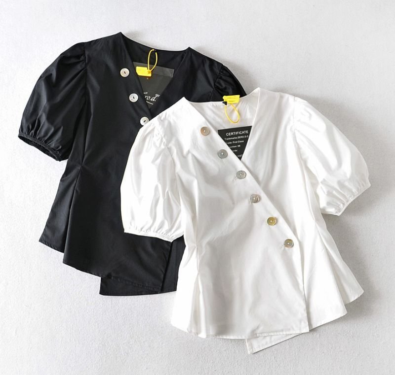 画像4: Women'sV-neck Western-style top French temperament light familiar style short shirt　 Vネック ウエスタンスパフスリーブ半袖ブラウス (4)