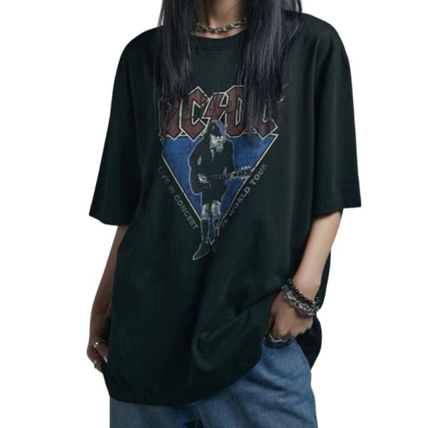 画像1: Unisex  washed rock guitar band ACDC loose short sleeve T-shirt　男女兼用 ユニセックス ウォッシュド ロックギターバンドペイントTシャツ (1)