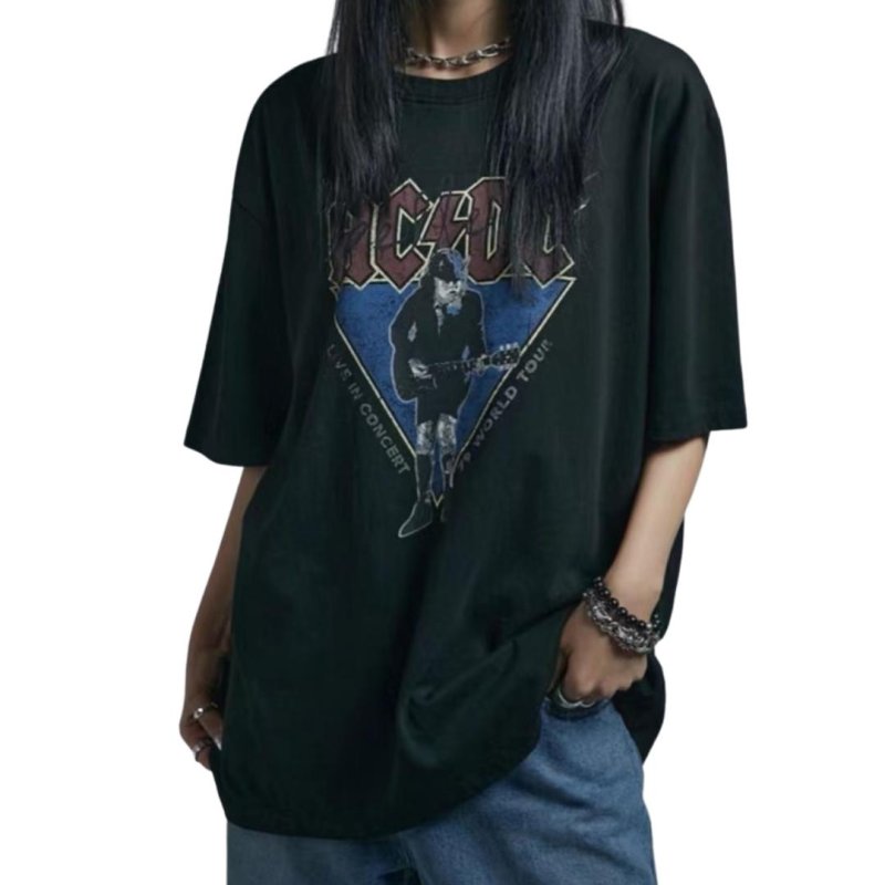 画像1: Unisex  washed rock guitar band ACDC loose short sleeve T-shirt 男女兼用 バンドT ユニセックス ウォッシュド ロックギターバンドペイントTシャツ (1)