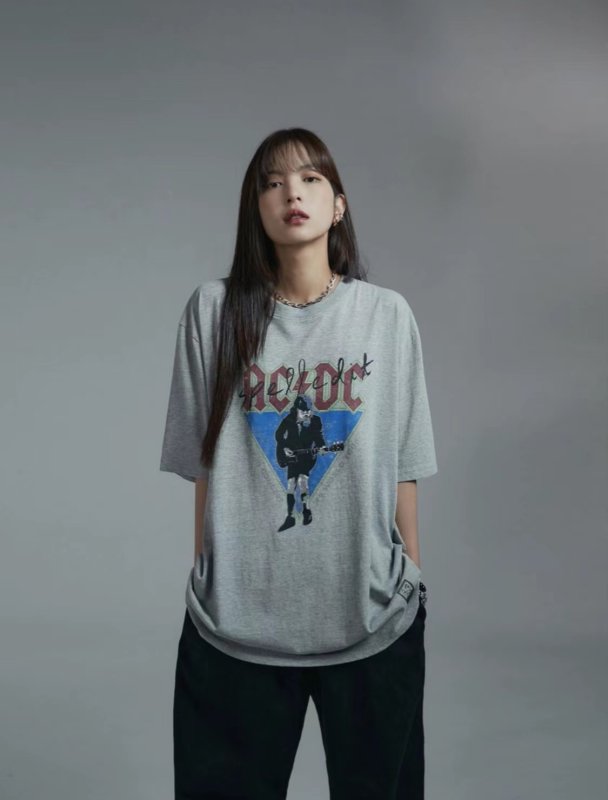 画像7: Unisex  washed rock guitar band ACDC loose short sleeve T-shirt 男女兼用 バンドT ユニセックス ウォッシュド ロックギターバンドペイントTシャツ (7)