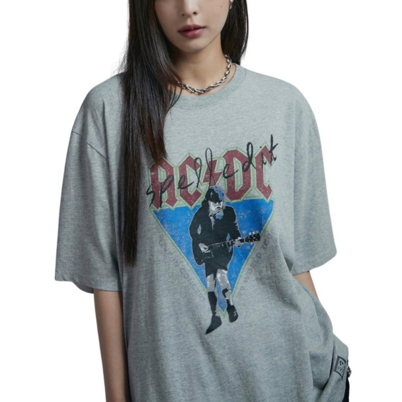 画像5: Unisex  washed rock guitar band ACDC loose short sleeve T-shirt 男女兼用 バンドT ユニセックス ウォッシュド ロックギターバンドペイントTシャツ (5)
