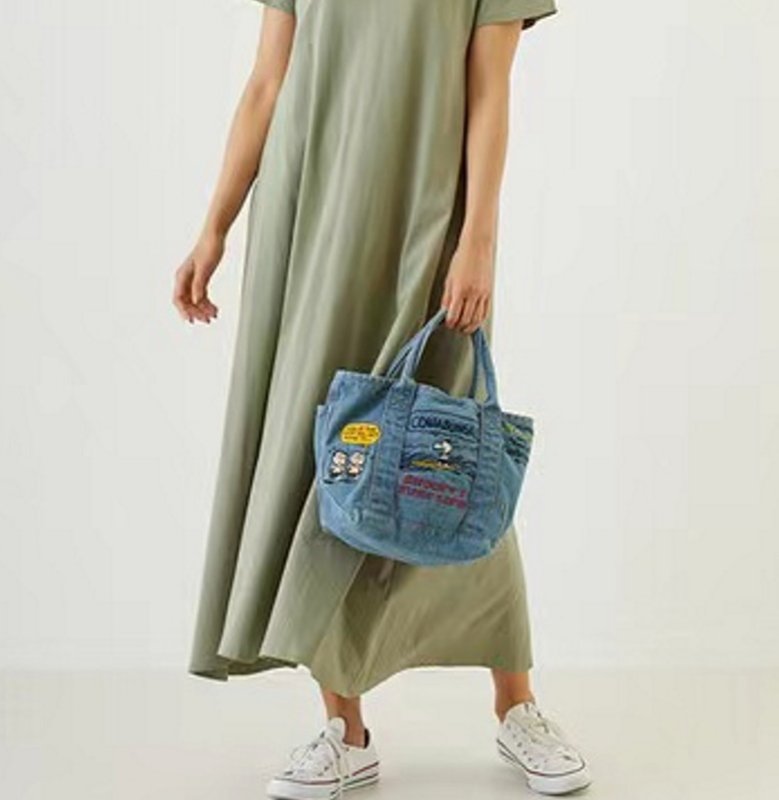 画像6: Snoopy embroidery denim eco bag shopping bag   tote bag　スヌーピー刺繍デニムエコトートママバッグ (6)