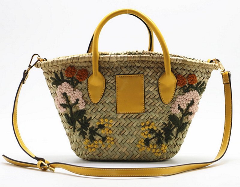 画像2: hand-embroidered water grass straw  tote shoulder bag ハンドメイドフラワー刺繍籠 かご カゴトートショルダーバッグ (2)