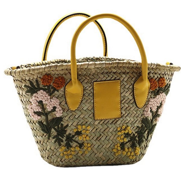 画像1: hand-embroidered water grass straw  tote shoulder bag　ハンドメイドフラワー刺繍籠 かご カゴトートショルダーバッグ (1)