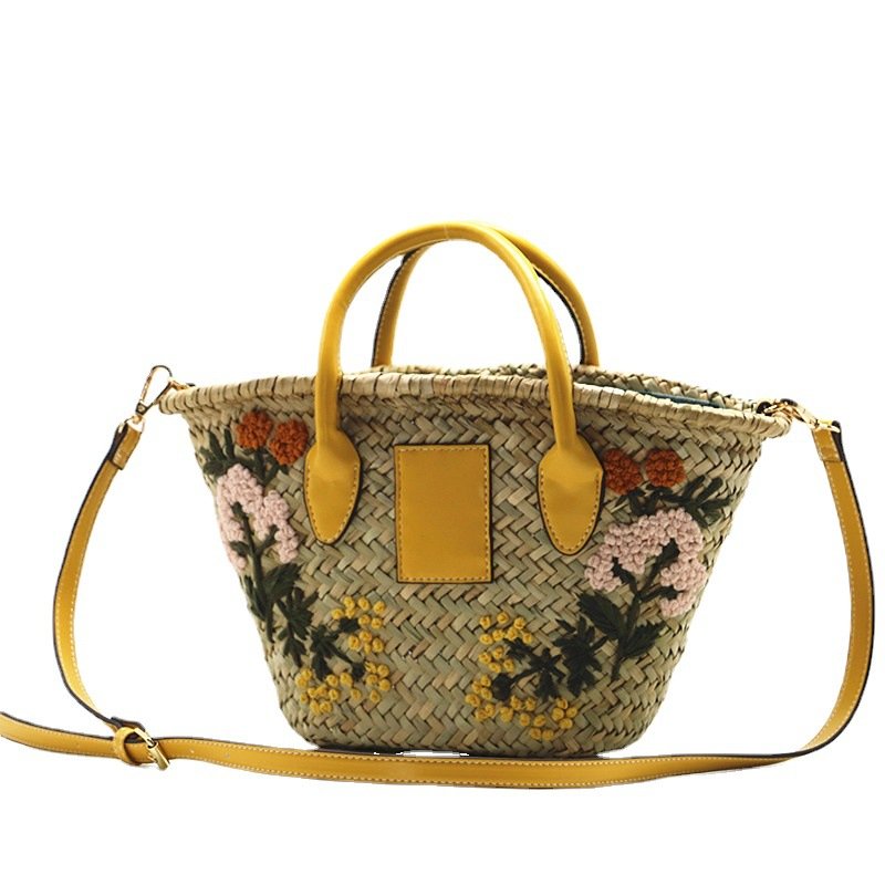 画像7: hand-embroidered water grass straw  tote shoulder bag ハンドメイドフラワー刺繍籠 かご カゴトートショルダーバッグ (7)