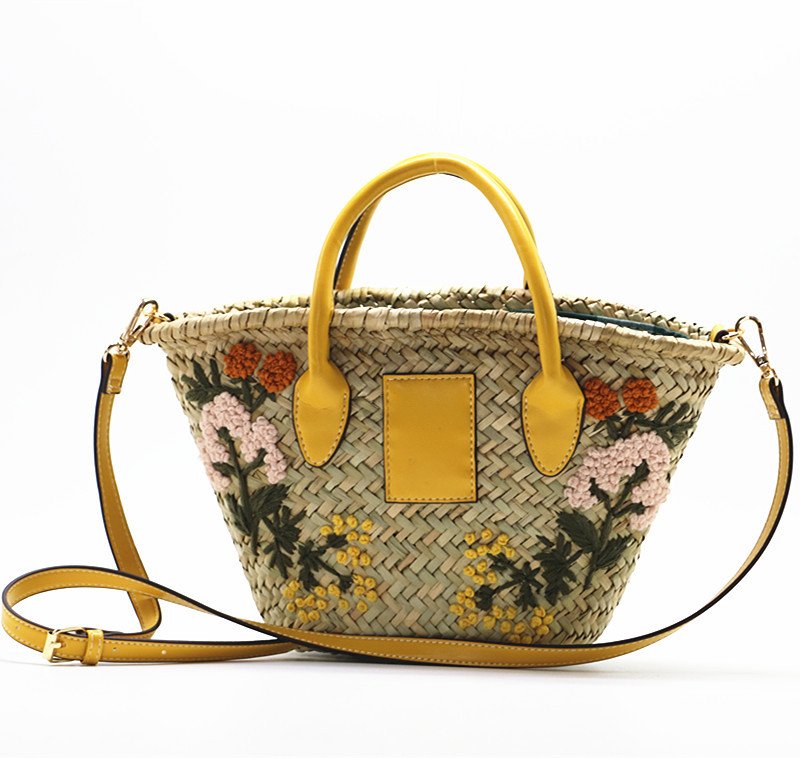 画像5: hand-embroidered water grass straw  tote shoulder bag ハンドメイドフラワー刺繍籠 かご カゴトートショルダーバッグ (5)