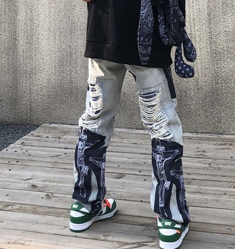 画像5: cut flow patch Jesus print jeans Pants　ユニセックス男女兼用 カットフローパッチジーザスプリントジーンズデニム (5)