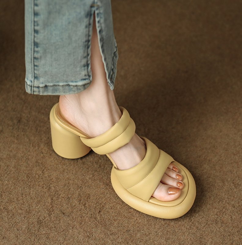 画像10: leather one word belt open toe sandals slippers　レザーチャンキーヒールワンワードベルトオープントゥサンダルスリッパ    (10)