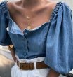 画像2:  Women's One-Shoulder Top French Shirt    ワンショルダーダンガリーフレンチシャツ ブラウス (2)