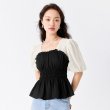 画像1: YFL Women's fashion sweet 2tone lantern sleeves lace dot short cropped shirt ランタンスリーブ レース ドット 水玉 切り替え シャツ ブラウス (1)