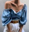 画像1:  Women's One-Shoulder Top French Shirt    ワンショルダーダンガリーフレンチシャツ ブラウス (1)