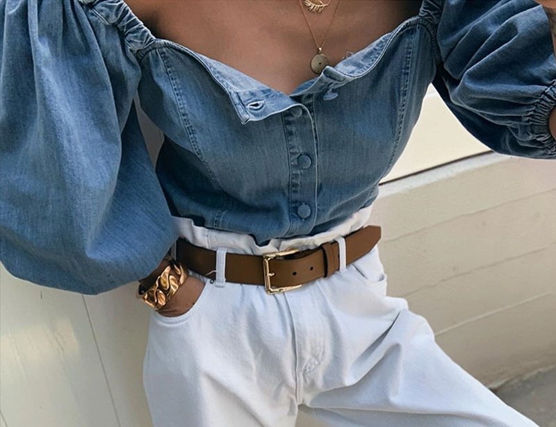 画像3:  Women's One-Shoulder Top French Shirt    ワンショルダーダンガリーフレンチシャツ ブラウス (3)