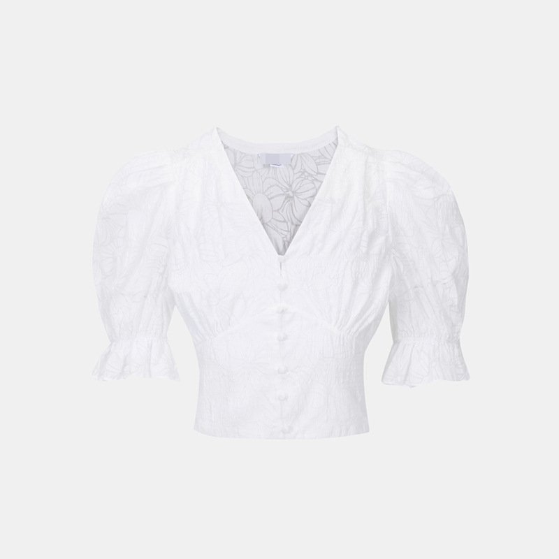 画像5: Women's fashion sweet simple lantern sleeves lace flower short cropped shirt シンプルなランタンスリーブ レース フラワー シャツ ブラウス (5)