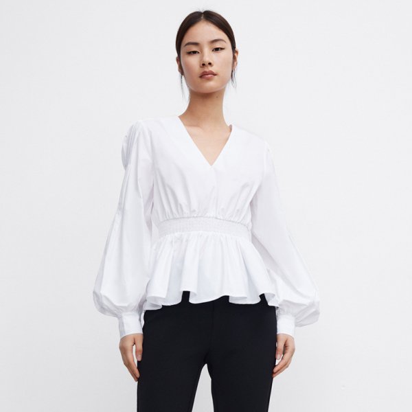 画像1: Women's fashion sweet simple lantern sleeves lone sleeve shirt シンプルなランタンスリーブ シャツ ブラウス (1)