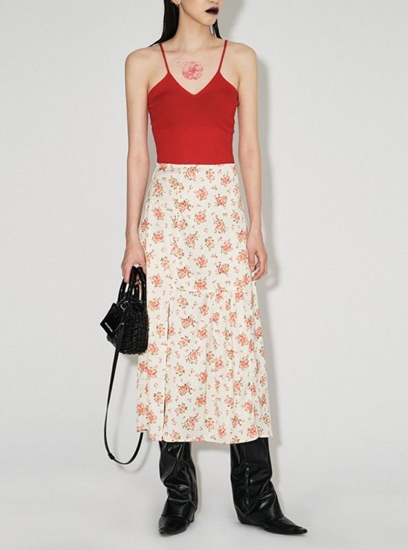 画像2:  Floral below-the-knee length skirtMiddle length skirt フローラル小花柄膝下丈スカートAラインプスカートミドル丈 (2)