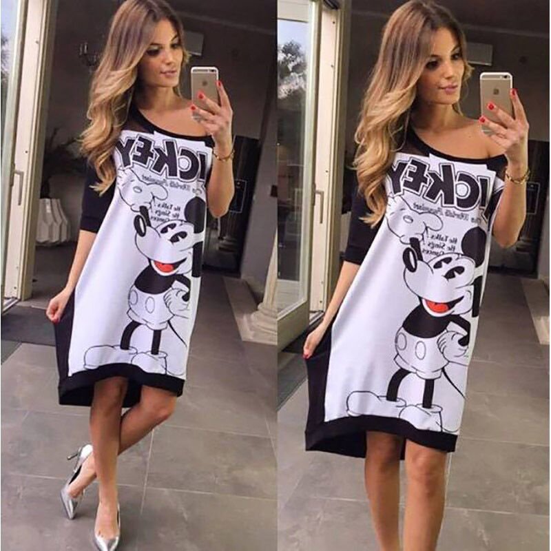 画像2: 22 Women's Mickey  mouse comic cartoon 2tone printed Dress  ミッキー  グラフィックペイント ワンピース ドレス オーバーサイズ 2トーン (2)