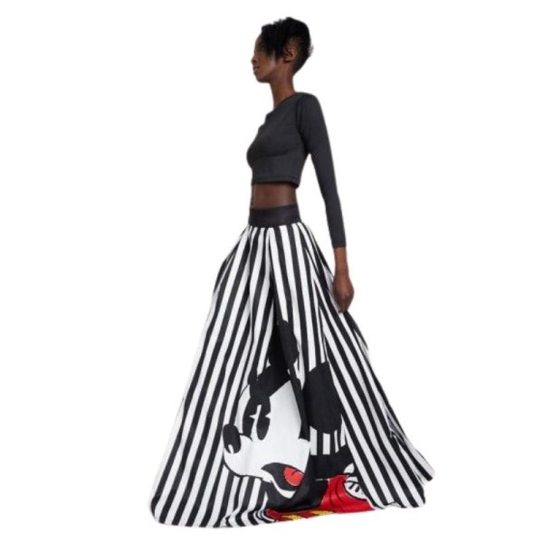 画像1: 22 Women's Mickey comic cartoon printed Striped maxi long skirt ミッキー グラフィックペイント ストライプ柄 ロング丈 マキシ丈スカート (1)