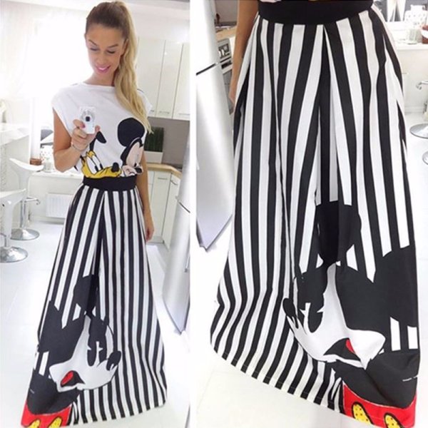 画像3: 22 Women's Mickey comic cartoon printed Striped maxi long skirt ミッキー グラフィックペイント ストライプ柄 ロング丈 マキシ丈スカート (3)