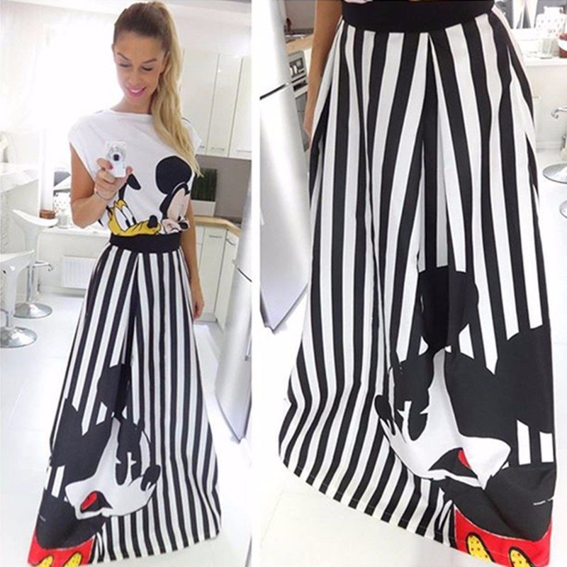 画像3: 22 Women's Mickey comic cartoon printed Striped maxi long skirt ミッキー グラフィックペイント ストライプ柄 ロング丈 マキシ丈スカート (3)