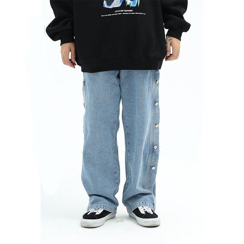 画像8: Unisex side button wide straight denim jeans Pants　ユニセックス男女兼用 サイドボタンワイドストレートデニムジーンズパンツ (8)