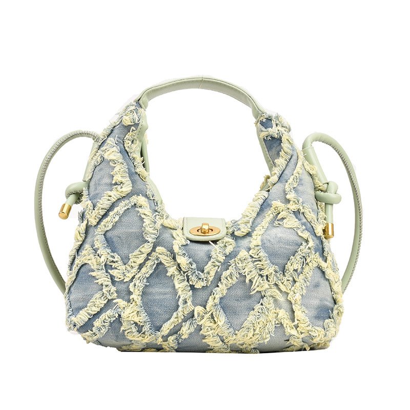 画像4:  Woman’s denim fringe one-shoulder Mini tote shoulder bag  デニムフリンジトート ショルダー フレンチバッグ (4)