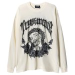 画像1: Jesus religious painting Long-sleeved T-shirt　 男女兼用 ユニセックスジーザスキリストプリント長袖Tシャツ (1)