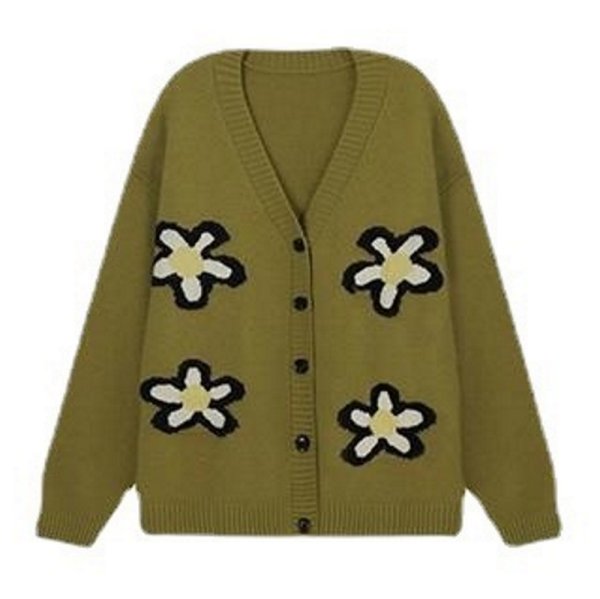 画像1: Unisex V-neck with flower motif cardigan knit   ユニセックス男女兼用Vネックフラワーモチーフ付き カーディガンニットセーター (1)
