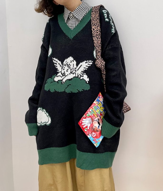 画像2: Angel & clouds Braided V-neck sweater  ユニセックス男女兼用エンジェル&クラウド編み込みVネックセーター プルオーバー (2)