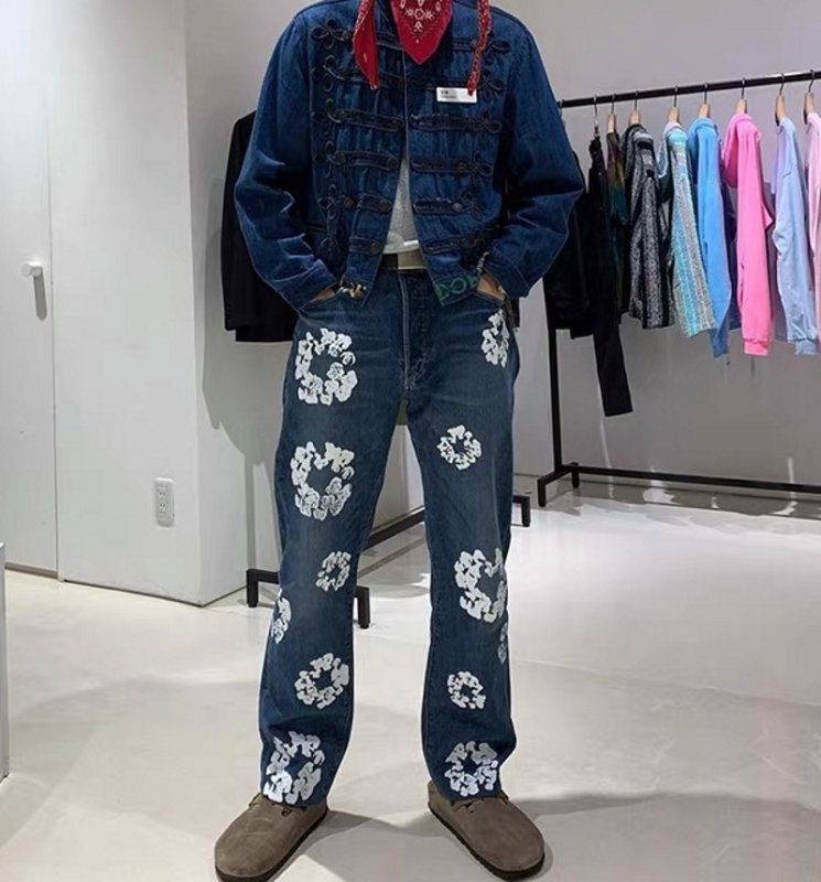画像7: Unisex kapok print graffiti high street straight jeans  denim  Pants ユニセックス男女兼用 ヴィンテージカポックプリントグラフィティワイドストレートデニムジーンズパンツ (7)