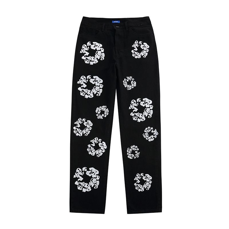 画像2: Unisex kapok print graffiti high street straight jeans  denim  Pants ユニセックス男女兼用 ヴィンテージカポックプリントグラフィティワイドストレートデニムジーンズパンツ (2)