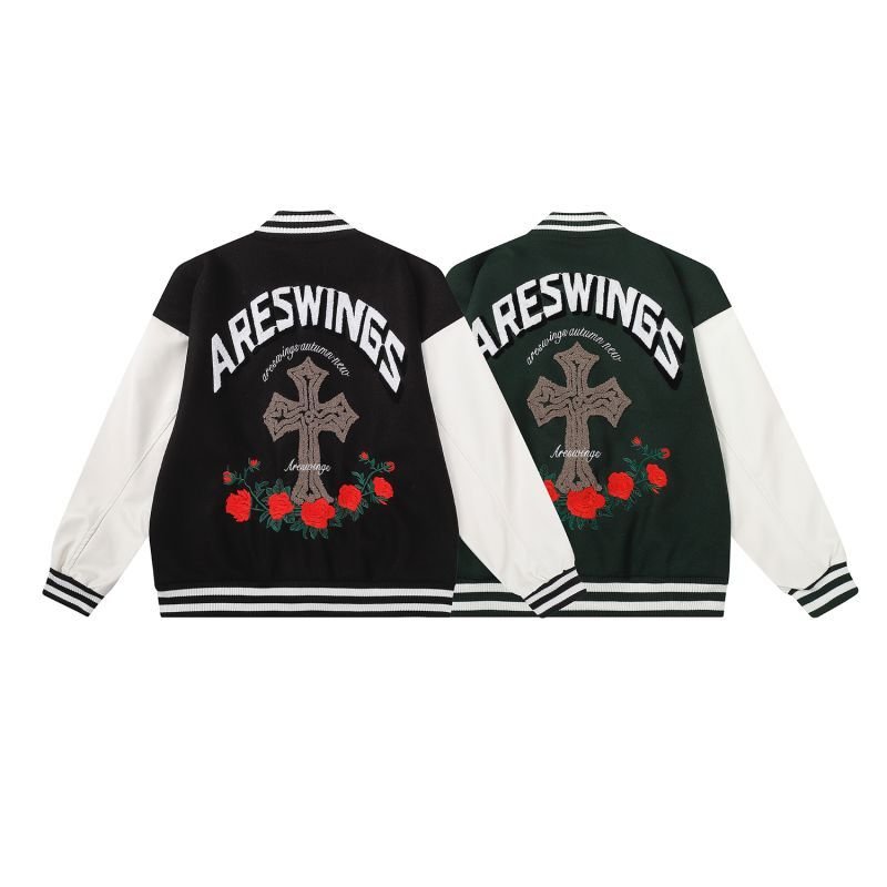 画像5: Cross & rose embroidery emblem baseball uniform BASEBALL JACKET  blouson  ユニセックス 男女兼用クロス&バラ ローズ刺繍エンブレムスタジアムジャンパー スタジャン MA-1 ボンバー ジャケット ブルゾン (5)