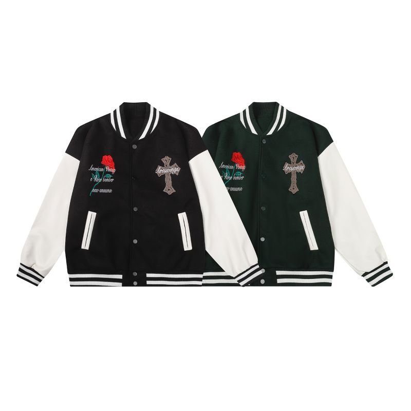 画像6: Cross & rose embroidery emblem baseball uniform BASEBALL JACKET  blouson  ユニセックス 男女兼用クロス&バラ ローズ刺繍エンブレムスタジアムジャンパー スタジャン MA-1 ボンバー ジャケット ブルゾン (6)