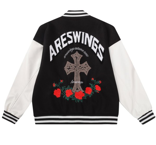 画像1: Cross & rose embroidery emblem baseball uniform BASEBALL JACKET  blouson  ユニセックス 男女兼用クロス＆バラ ローズ刺繍エンブレムスタジアムジャンパー スタジャン MA-1 ボンバー ジャケット ブルゾン (1)