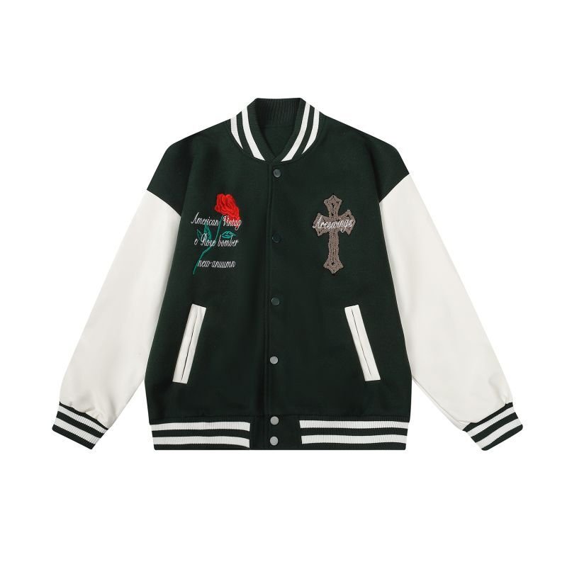画像4: Cross & rose embroidery emblem baseball uniform BASEBALL JACKET  blouson  ユニセックス 男女兼用クロス&バラ ローズ刺繍エンブレムスタジアムジャンパー スタジャン MA-1 ボンバー ジャケット ブルゾン (4)