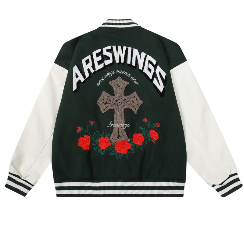画像2: Cross & rose embroidery emblem baseball uniform BASEBALL JACKET  blouson  ユニセックス 男女兼用クロス&バラ ローズ刺繍エンブレムスタジアムジャンパー スタジャン MA-1 ボンバー ジャケット ブルゾン (2)