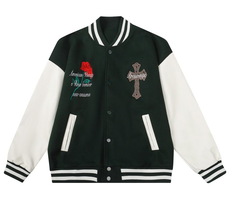 画像3: Cross & rose embroidery emblem baseball uniform BASEBALL JACKET  blouson  ユニセックス 男女兼用クロス&バラ ローズ刺繍エンブレムスタジアムジャンパー スタジャン MA-1 ボンバー ジャケット ブルゾン (3)
