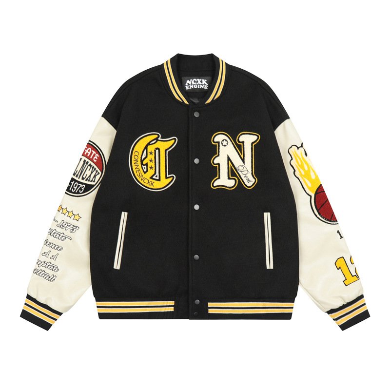 画像3: Black ncxk logo embroideryembroidery emblem baseball uniform BASEBALL JACKET  blouson vibe  ユニセックス 男女兼用ロゴ&バスケットボール刺繍エンブレムスタジアムジャンパー スタジャン MA-1 ボンバー ジャケット ブルゾン (3)