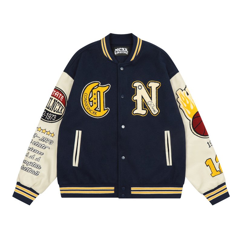 画像4: Black ncxk logo embroideryembroidery emblem baseball uniform BASEBALL JACKET  blouson vibe  ユニセックス 男女兼用ロゴ&バスケットボール刺繍エンブレムスタジアムジャンパー スタジャン MA-1 ボンバー ジャケット ブルゾン (4)