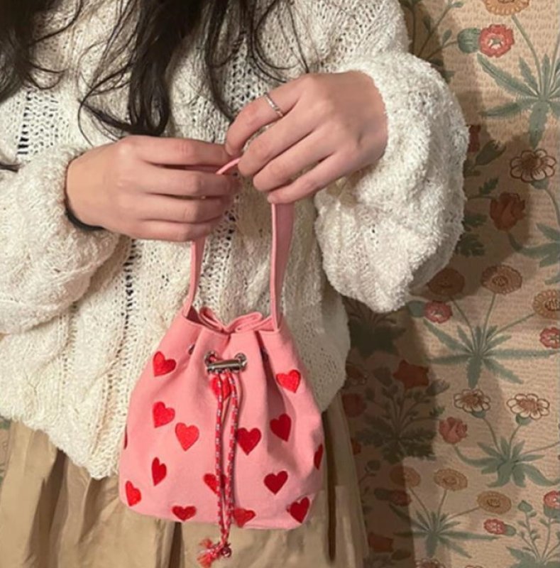 画像3: Pink & Heart Drawstring Mini Tote Shoulder Bag ピンク&ハート巾着バケットミニトートショルダーバッグ (3)