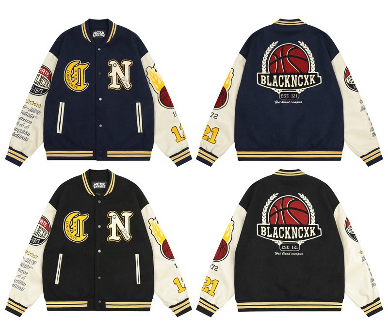 画像5: Black ncxk logo embroideryembroidery emblem baseball uniform BASEBALL JACKET  blouson vibe  ユニセックス 男女兼用ロゴ&バスケットボール刺繍エンブレムスタジアムジャンパー スタジャン MA-1 ボンバー ジャケット ブルゾン (5)