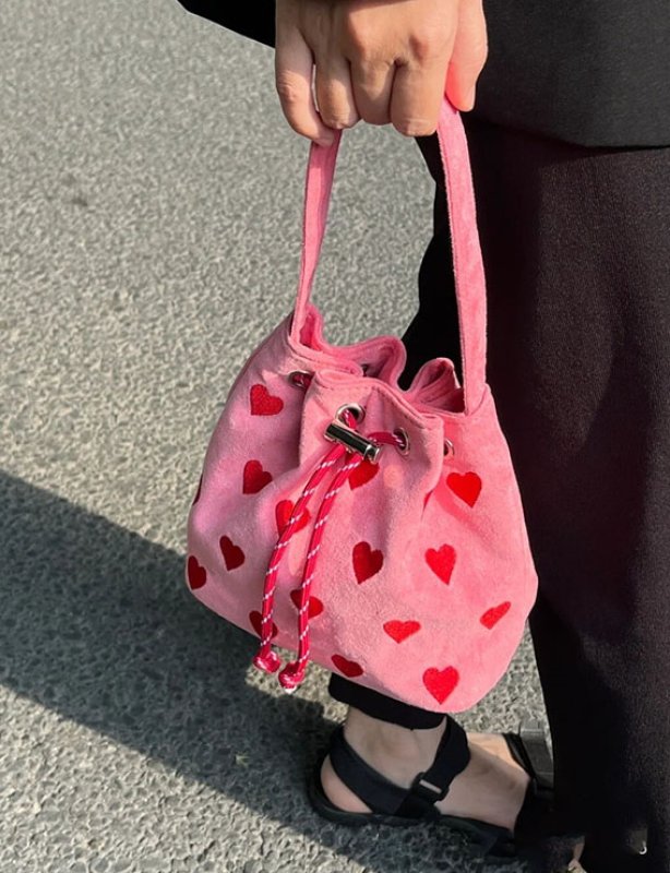 画像2: Pink & Heart Drawstring Mini Tote Shoulder Bag ピンク&ハート巾着バケットミニトートショルダーバッグ (2)