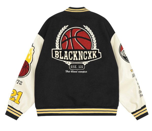 画像1: Black ncxk logo embroideryembroidery emblem baseball uniform BASEBALL JACKET  blouson vibe  ユニセックス 男女兼用ロゴ＆バスケットボール刺繍エンブレムスタジアムジャンパー スタジャン MA-1 ボンバー ジャケット ブルゾン (1)